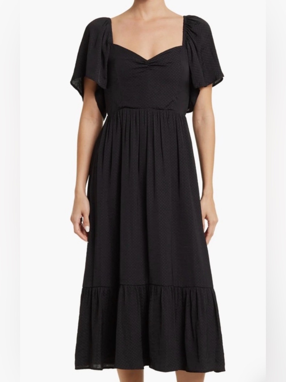 NSR Delphine Sweetheart Neckline Swiss Dot Tiered Midi Dress, size L